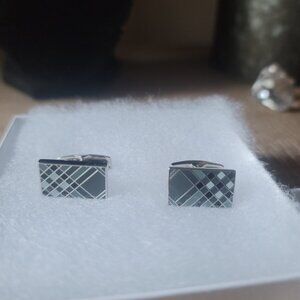 Burberry Men's Enamel Checkblock Cufflinks Rectangle - Gunmetal Gray Black